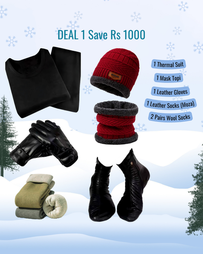 winter K2 Deal 1 x thermal suit, 1 Mask Cap, 1 Leather Gloves, 1 Leather Socks (Moza) 2 pairs of wool socks.