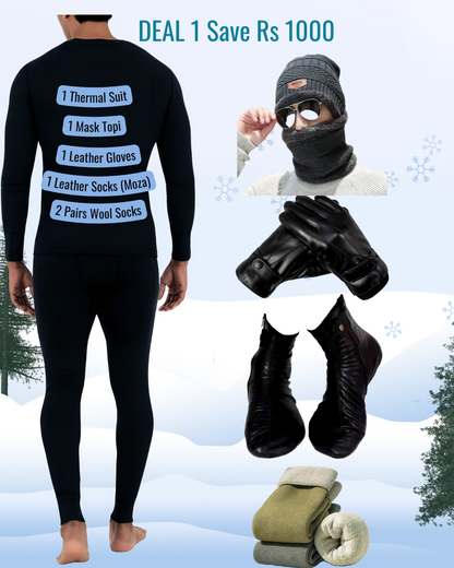 winter K2 Deal 1 x thermal suit, 1 Mask Cap, 1 Leather Gloves, 1 Leather Socks (Moza) 2 pairs of wool socks.