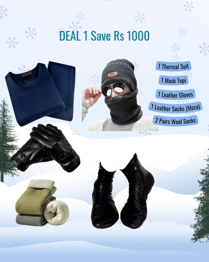 winter K2 Deal 1 x thermal suit, 1 Mask Cap, 1 Leather Gloves, 1 Leather Socks (Moza) 2 pairs of wool socks.