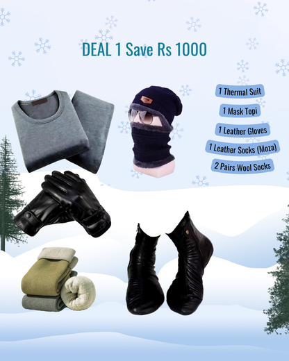 winter K2 Deal 1 x thermal suit, 1 Mask Cap, 1 Leather Gloves, 1 Leather Socks (Moza) 2 pairs of wool socks.