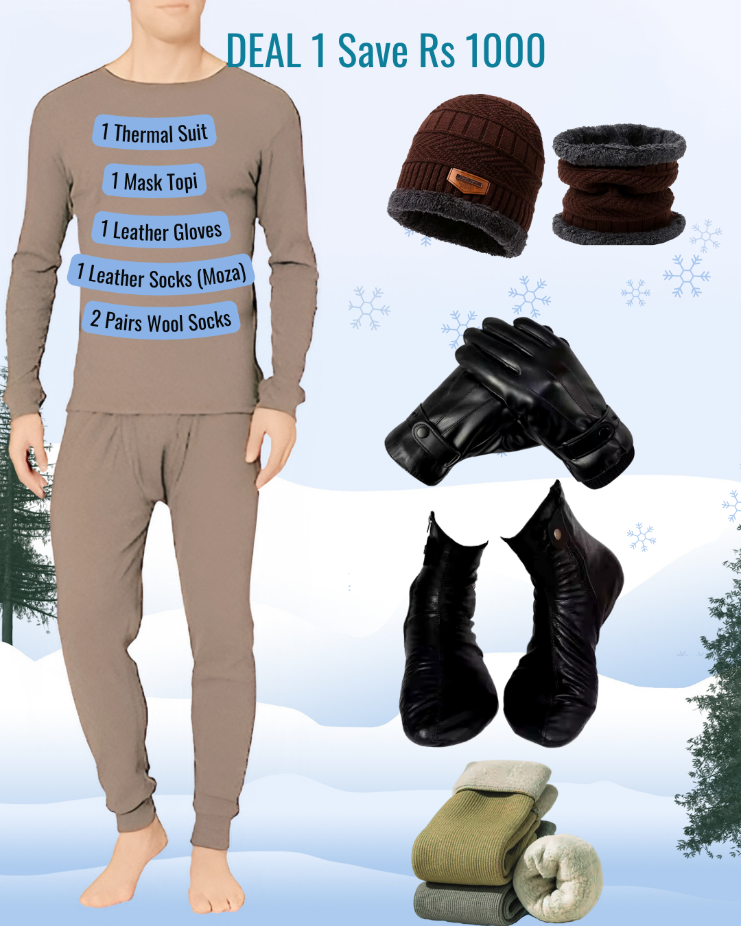 winter K2 Deal 1 x thermal suit, 1 Mask Cap, 1 Leather Gloves, 1 Leather Socks (Moza) 2 pairs of wool socks.