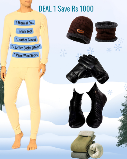 winter K2 Deal 1 x thermal suit, 1 Mask Cap, 1 Leather Gloves, 1 Leather Socks (Moza) 2 pairs of wool socks.